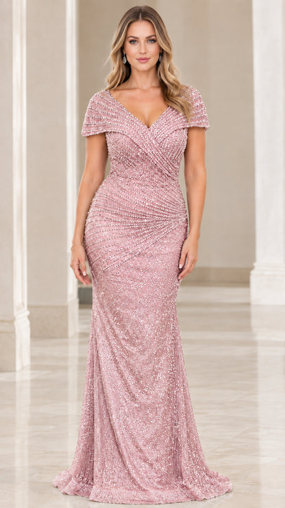 Front view of model wearing the dusty rose sequined mermaid evening dress