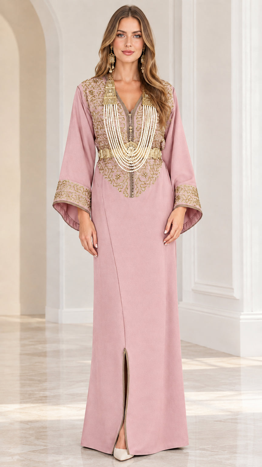Dusty Pink long sleeve embroidered evening kaftan maxi dress