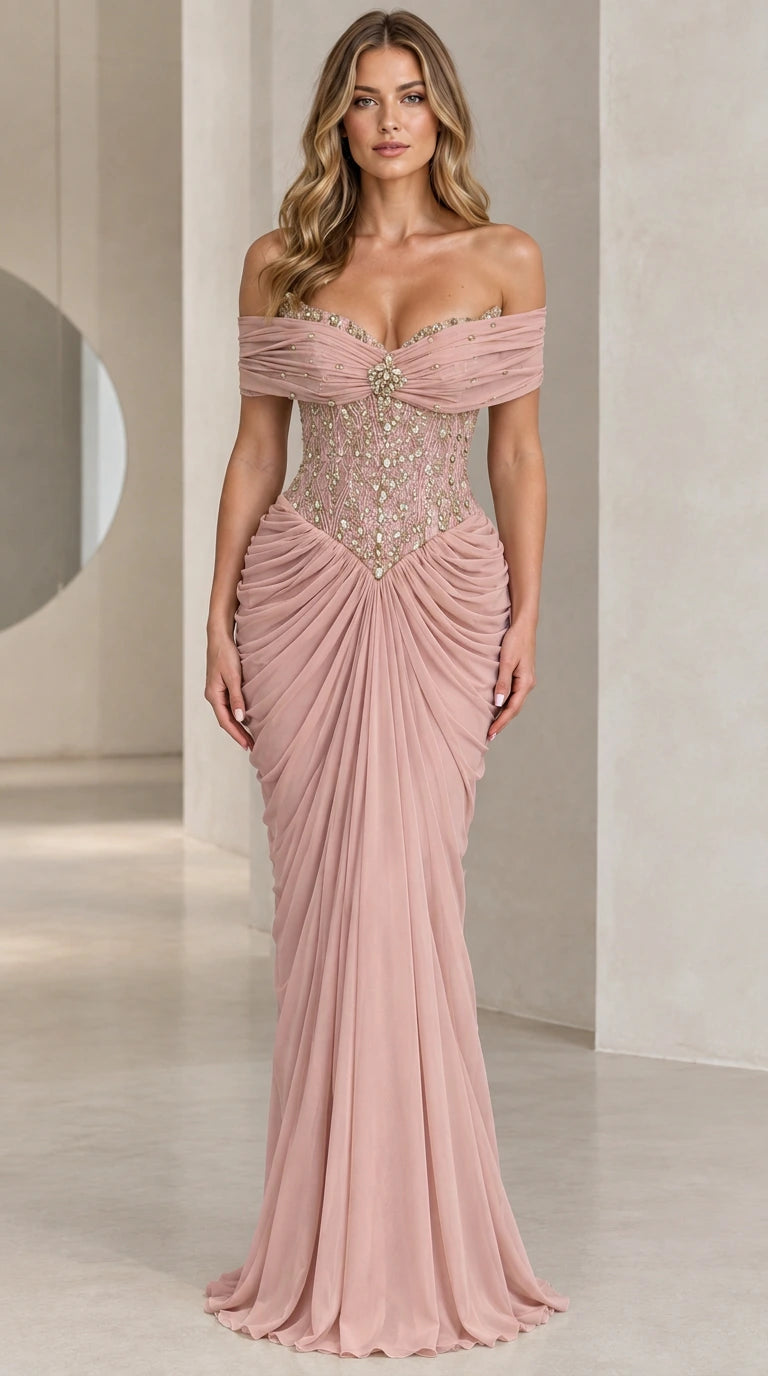 Dusty rose off-the-shoulder corset evening gown with ruched chiffon skirt