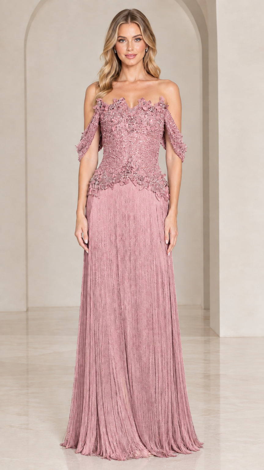 Front view of dusty rose off-the-shoulder beaded fringe evening maxi gown