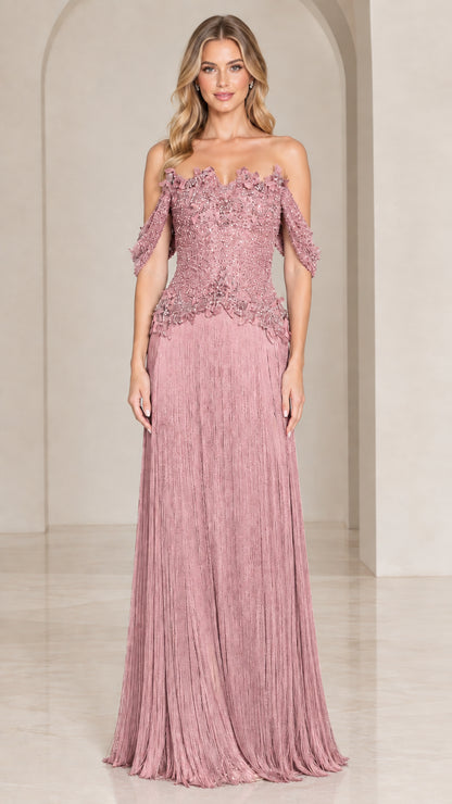 Front view of dusty rose off-the-shoulder beaded fringe evening maxi gown