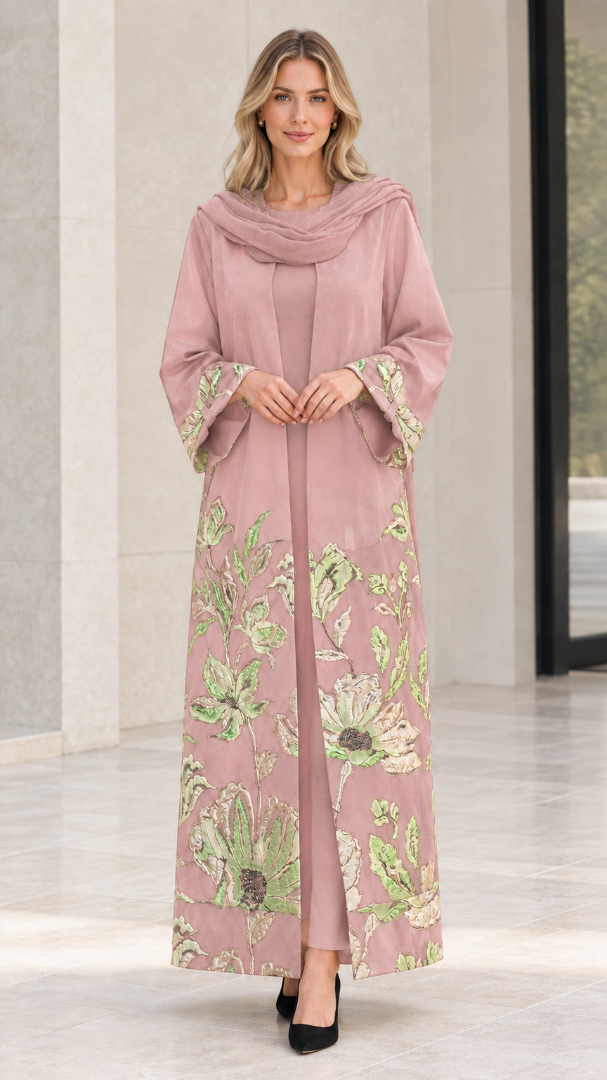 Model wearing Dusty Pink embroidered open abaya set with matching scarf