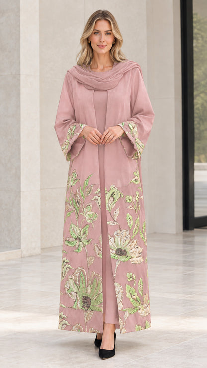 Model wearing Dusty Pink embroidered open abaya set with matching scarf