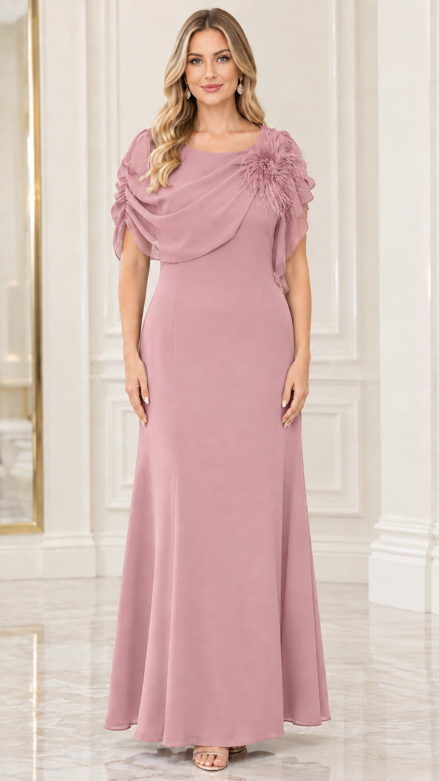 Model wearing dusty rose draped chiffon formal maxi dress