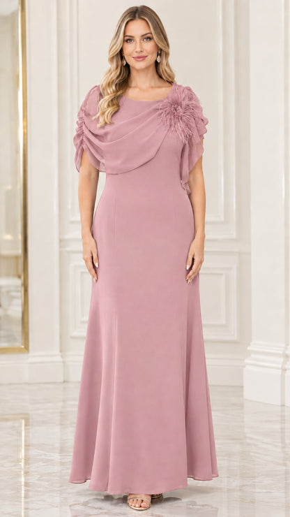 Model wearing dusty rose draped chiffon formal maxi dress