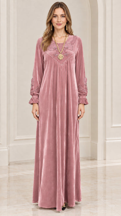 Front view of dusty rose pink velvet embroidered maxi dress