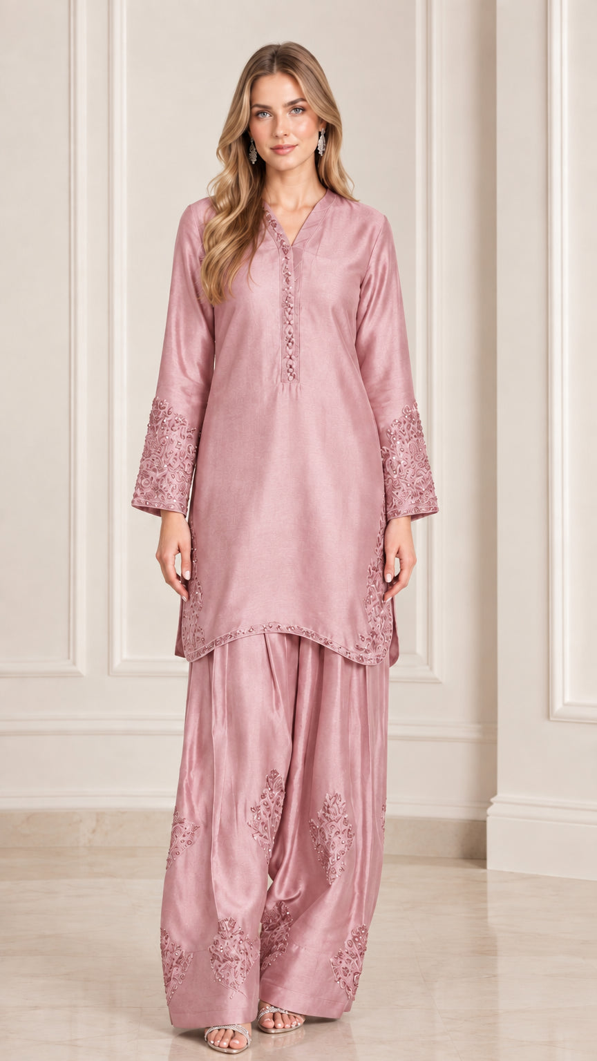 Dusty Pink embroidered satin tunic and wide leg trouser set