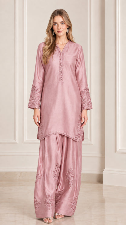 Dusty Pink embroidered satin tunic and wide leg trouser set