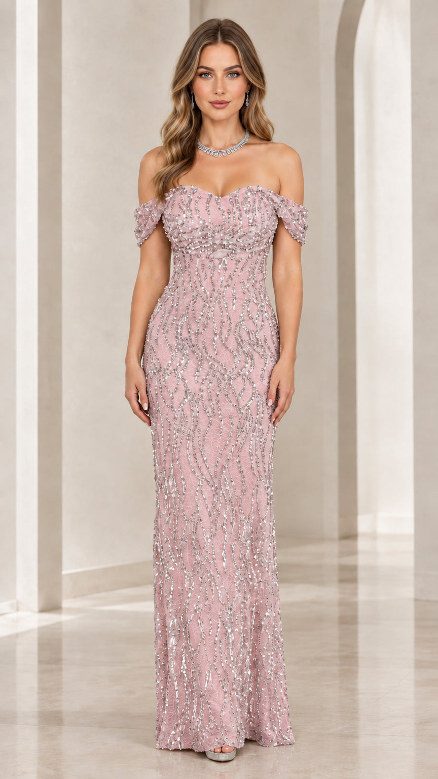 Blush pink off-the-shoulder sweetheart sequin formal gown