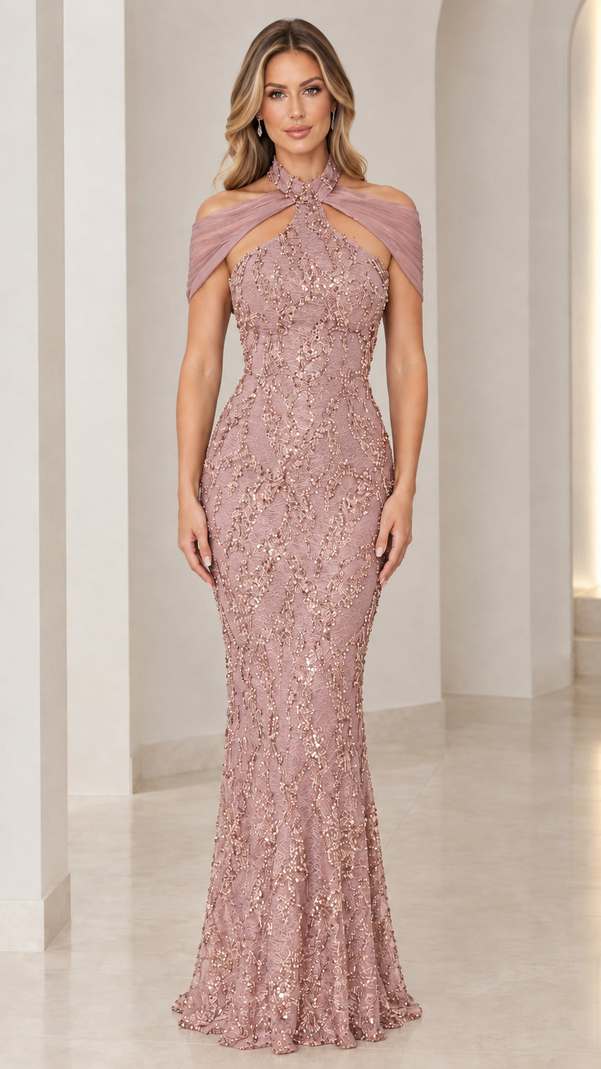 Dusty Rose sequin lace floor-length halter evening gown