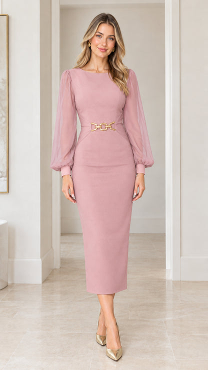 Dusty Pink sheer balloon sleeve midi dress front view
