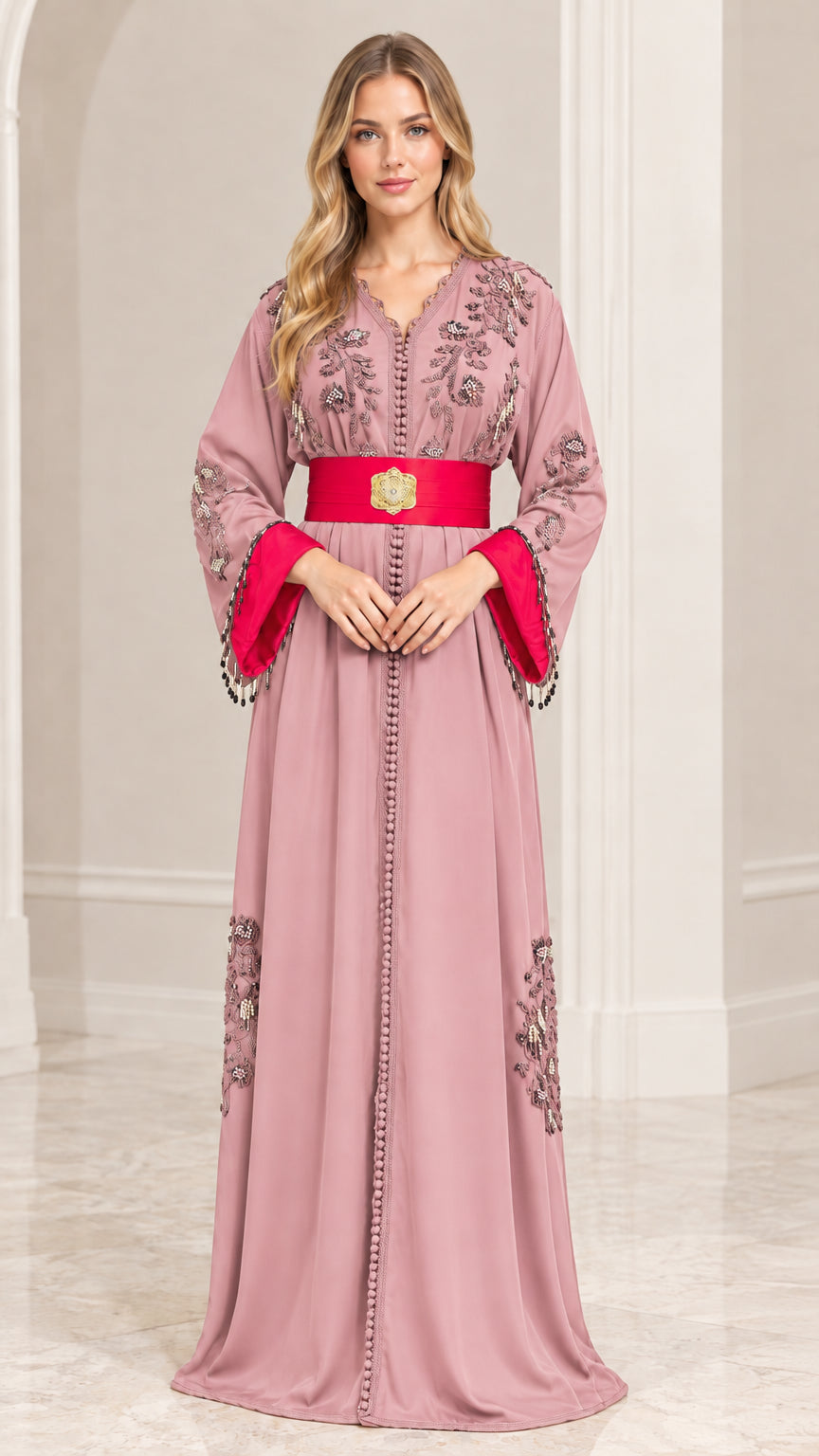 Front view of dusty pink embroidered Moroccan kaftan dress with red belt