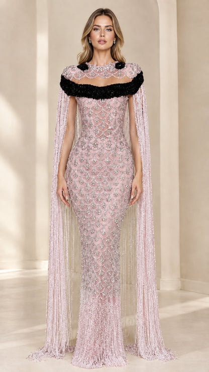 Front view of Blush Pink Embellished Fringe Cape Evening Gown