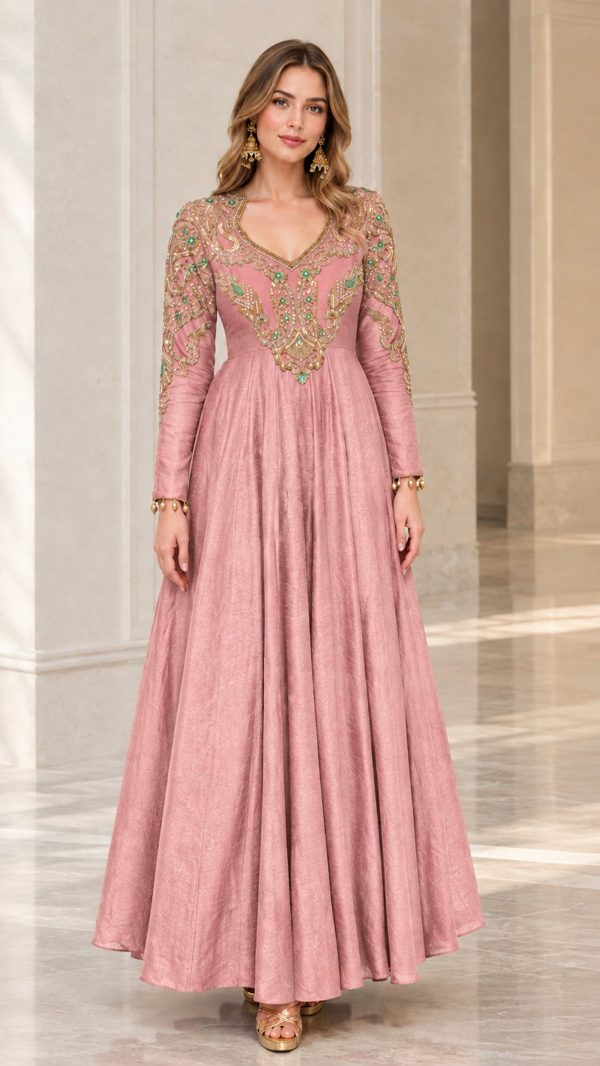 Full-length view of woman in a Dusty Pink embroidered long sleeve evening maxi dress