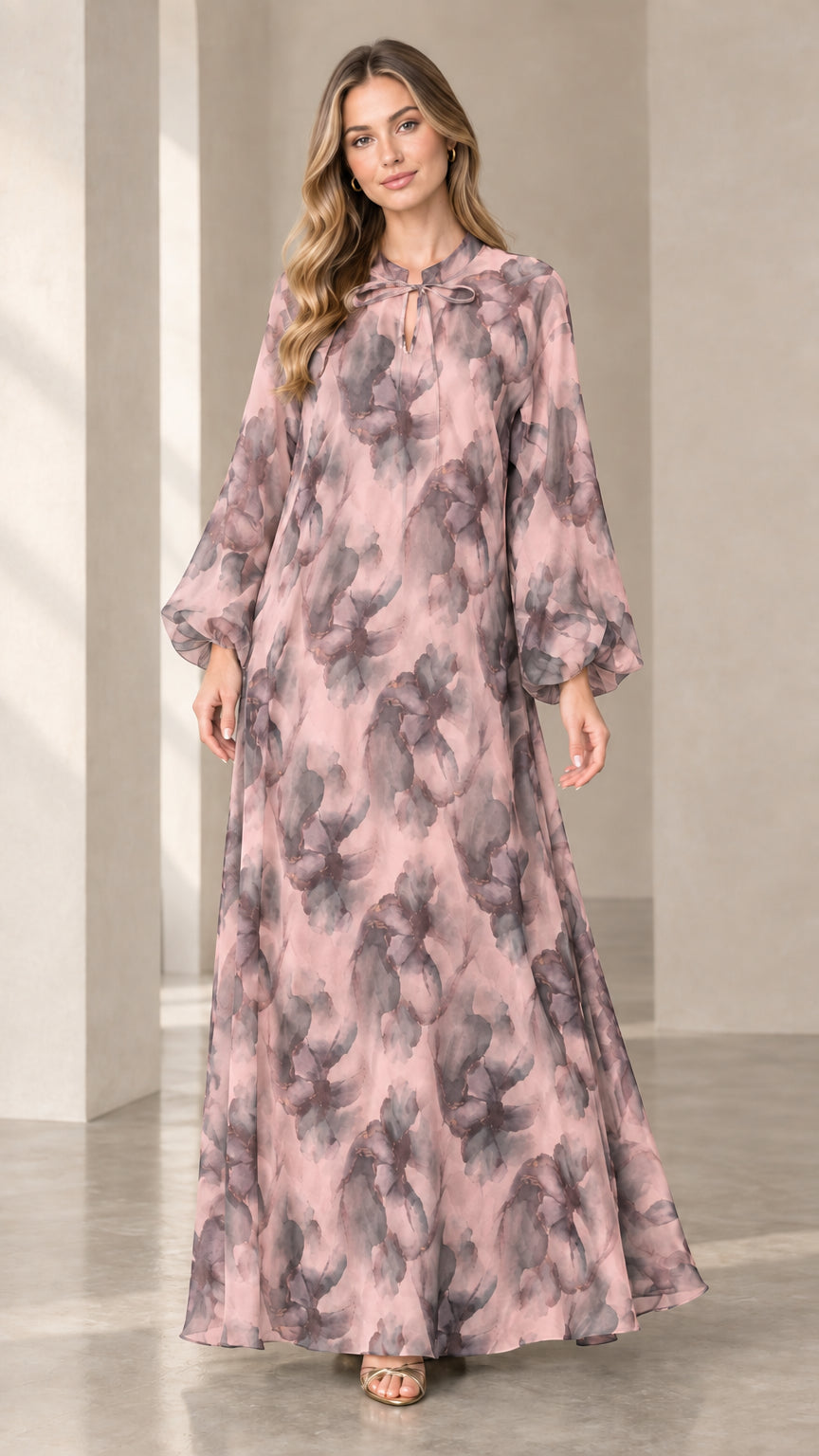Front view of woman wearing dusty pink watercolor floral chiffon maxi dress