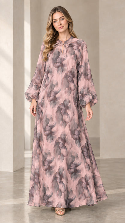 Front view of woman wearing dusty pink watercolor floral chiffon maxi dress
