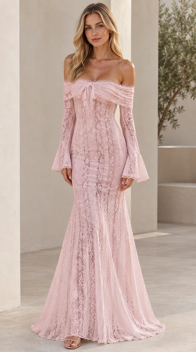 Blush pink lace off-the-shoulder maxi dress with flared sleeves