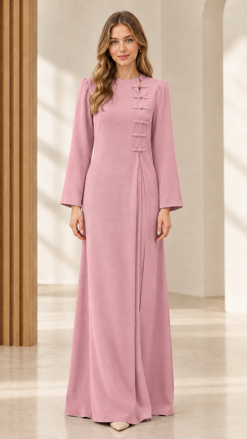 Front view of dusty pink modest formal maxi gown