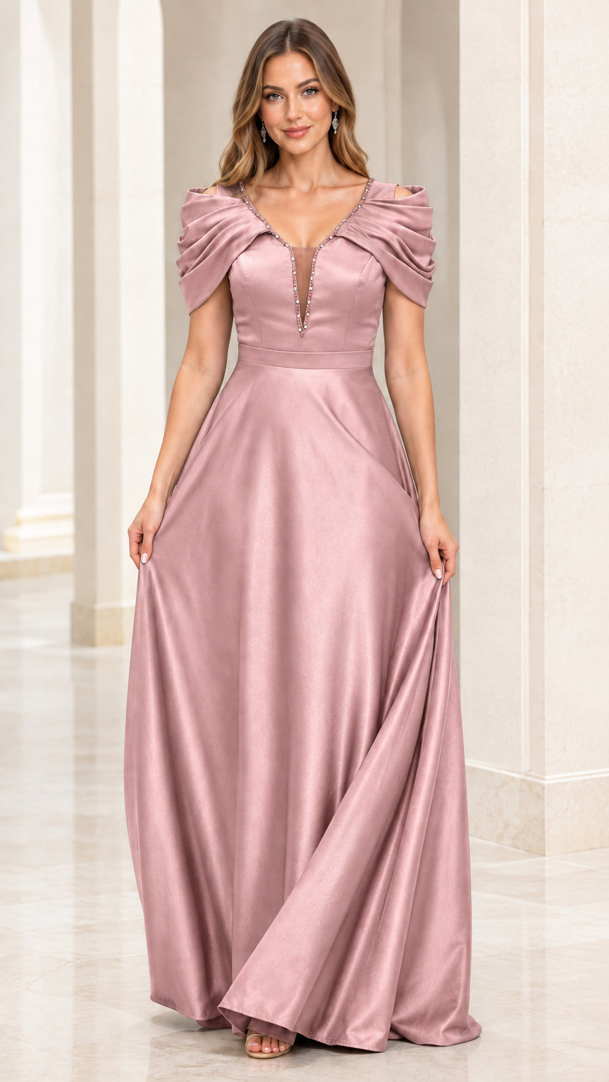 Front view of model wearing Dusty Rose draped sleeve satin evening dress
