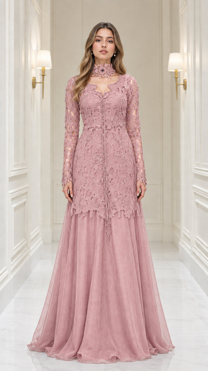Dusty rose pink long sleeve lace bodice formal evening maxi dress