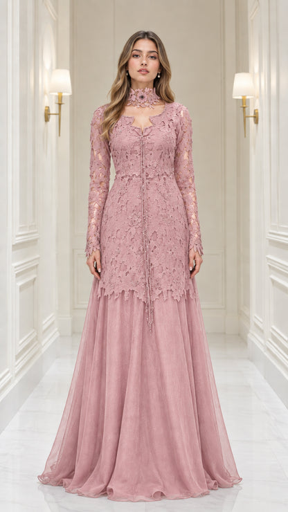 Dusty rose pink long sleeve lace bodice formal evening maxi dress