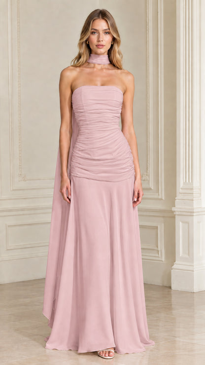 Dusty Rose strapless gathered maxi evening gown with neck scarf