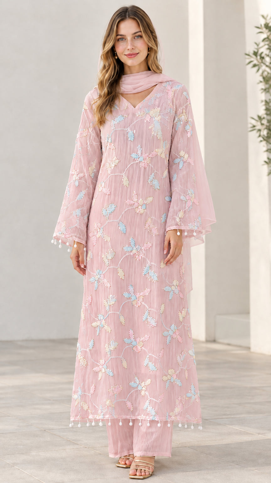 Model wearing blush pink 3-piece embroidered kurta set with matching pants