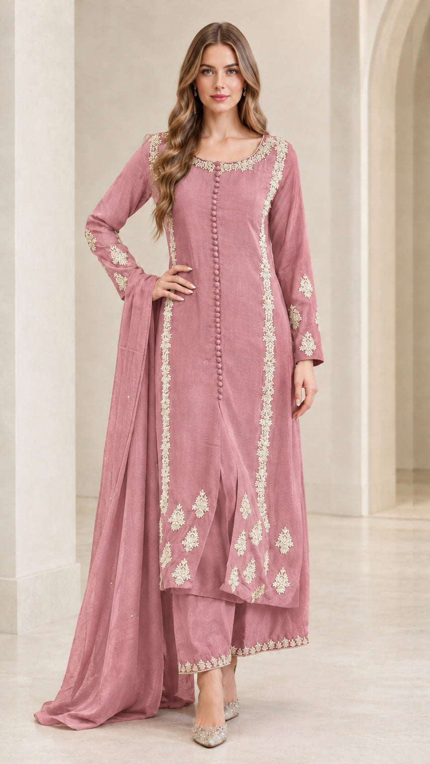 Full front view of women's dusty pink embroidered kurta pant set with dupatta