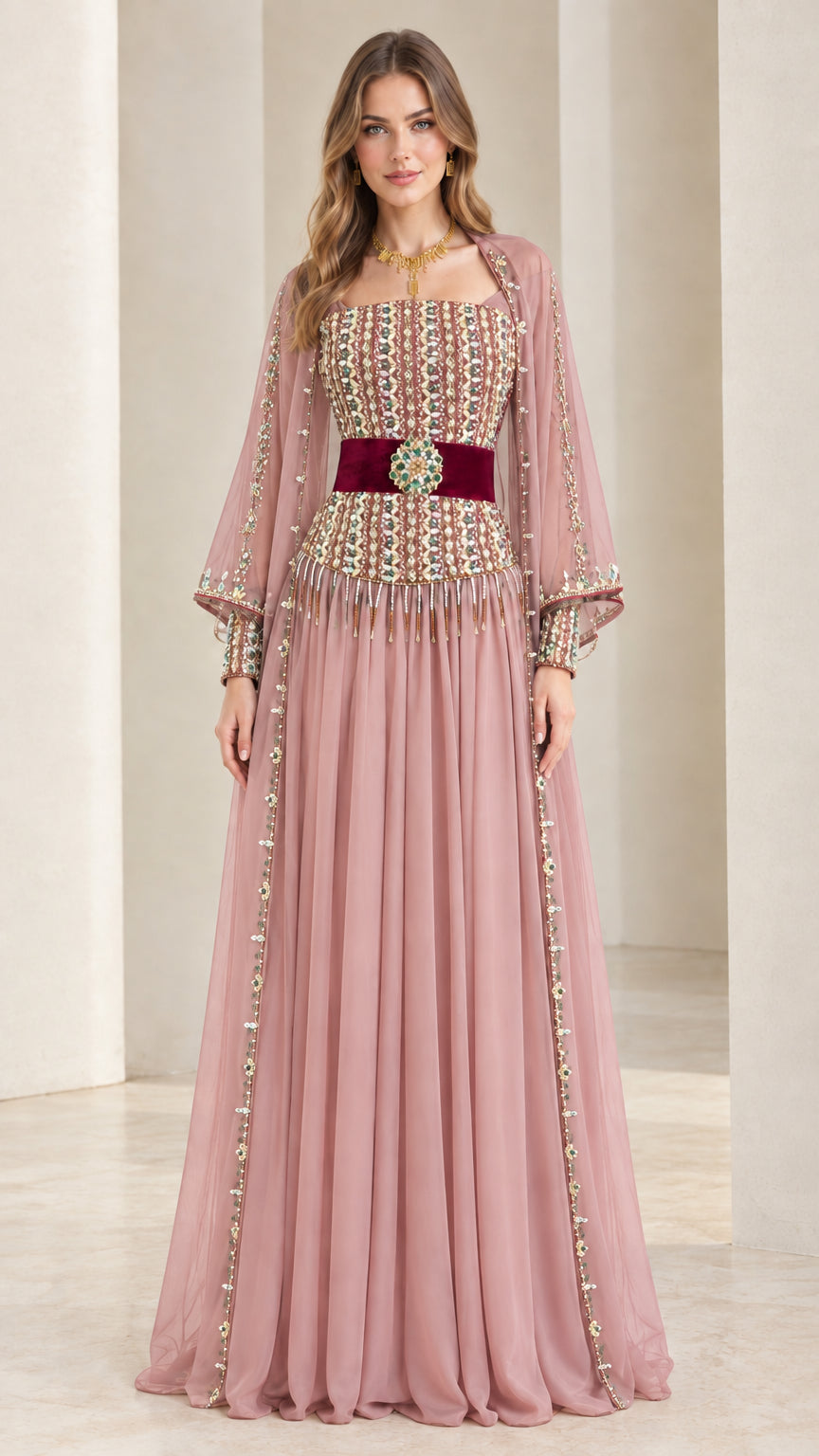 Dusty pink beaded cape sleeve formal maxi dress