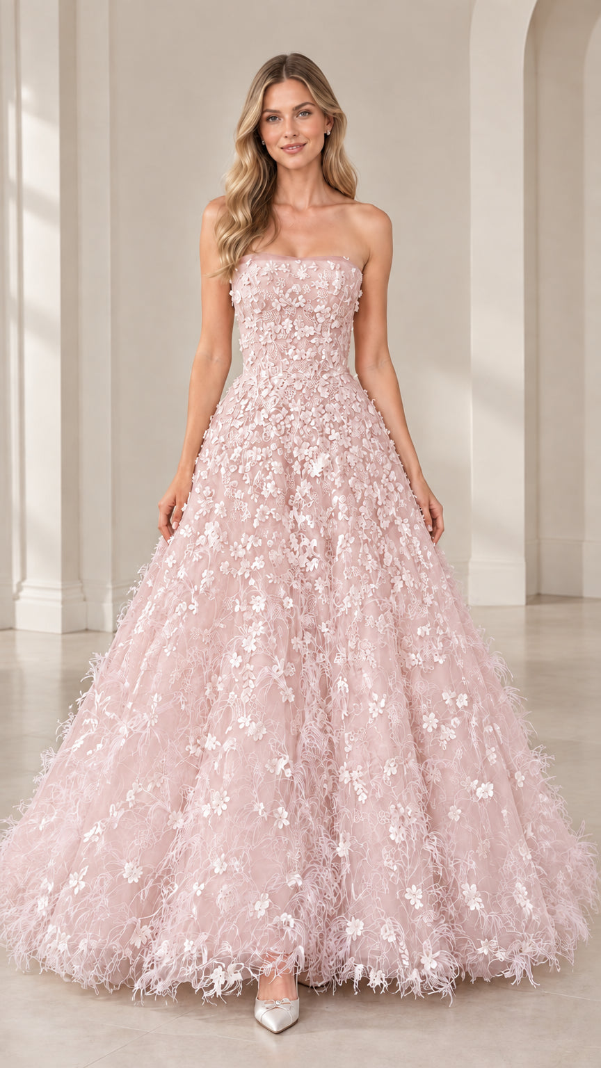 Model wearing strapless blush pink 3D floral ball gown