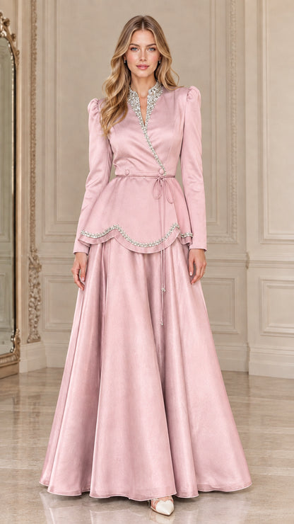 Full-length front view of Blush Pink embellished long sleeve maxi dress