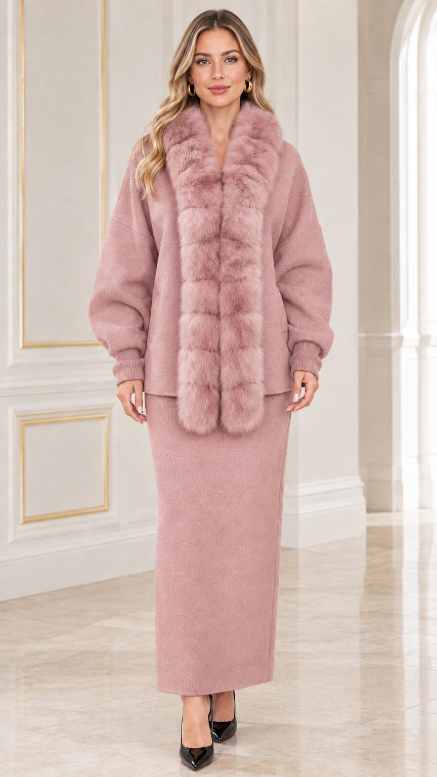 Dusty pink faux fur collar jacket and matching maxi skirt two-piece set