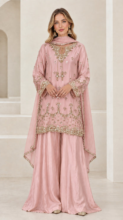 All dusty pink embroidered 3-piece festive sharara suit set