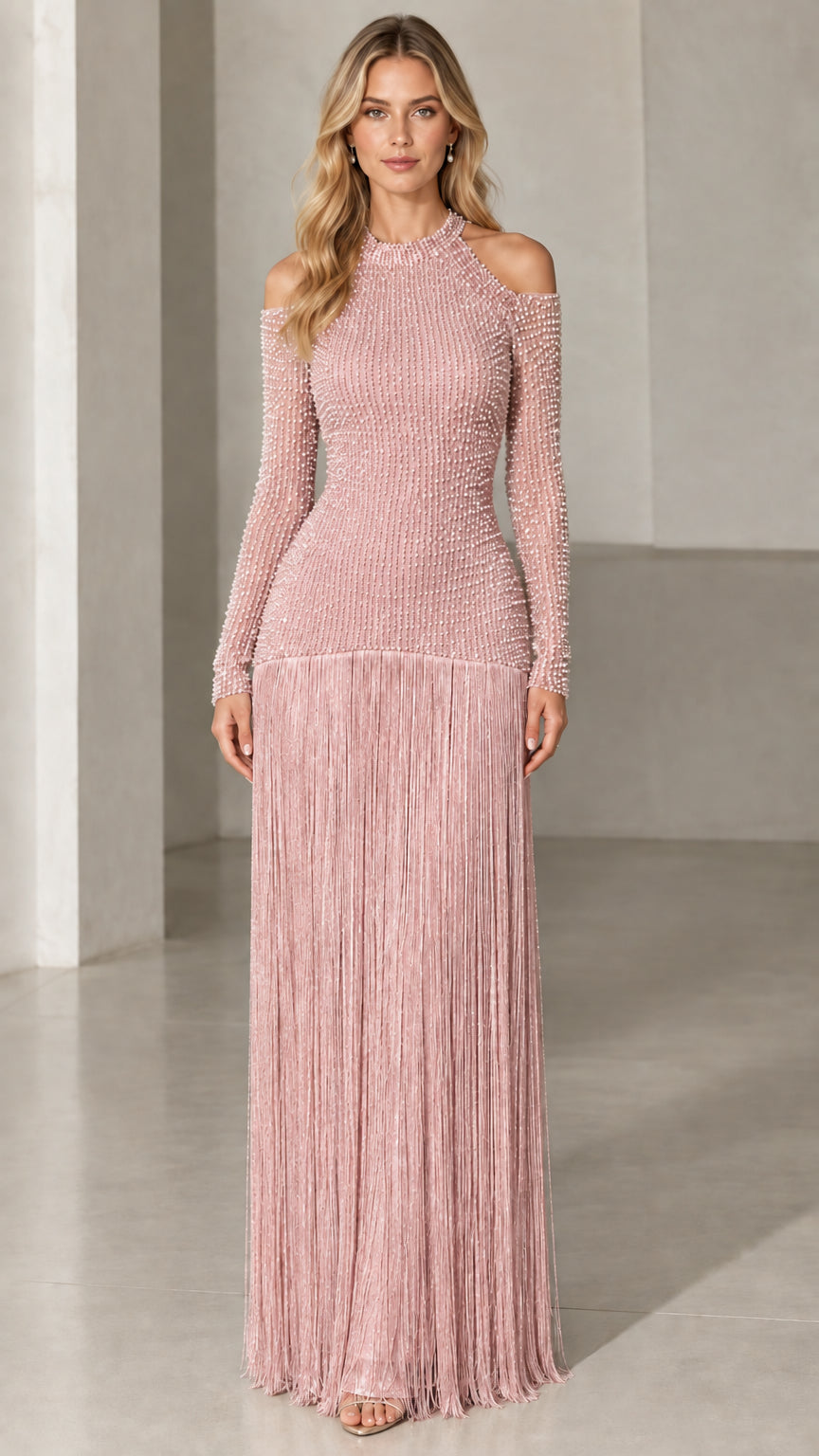 Blush pink cold shoulder beaded evening gown with fringe skirt