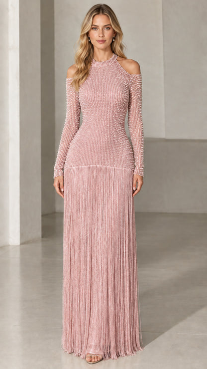 Blush pink cold shoulder beaded evening gown with fringe skirt