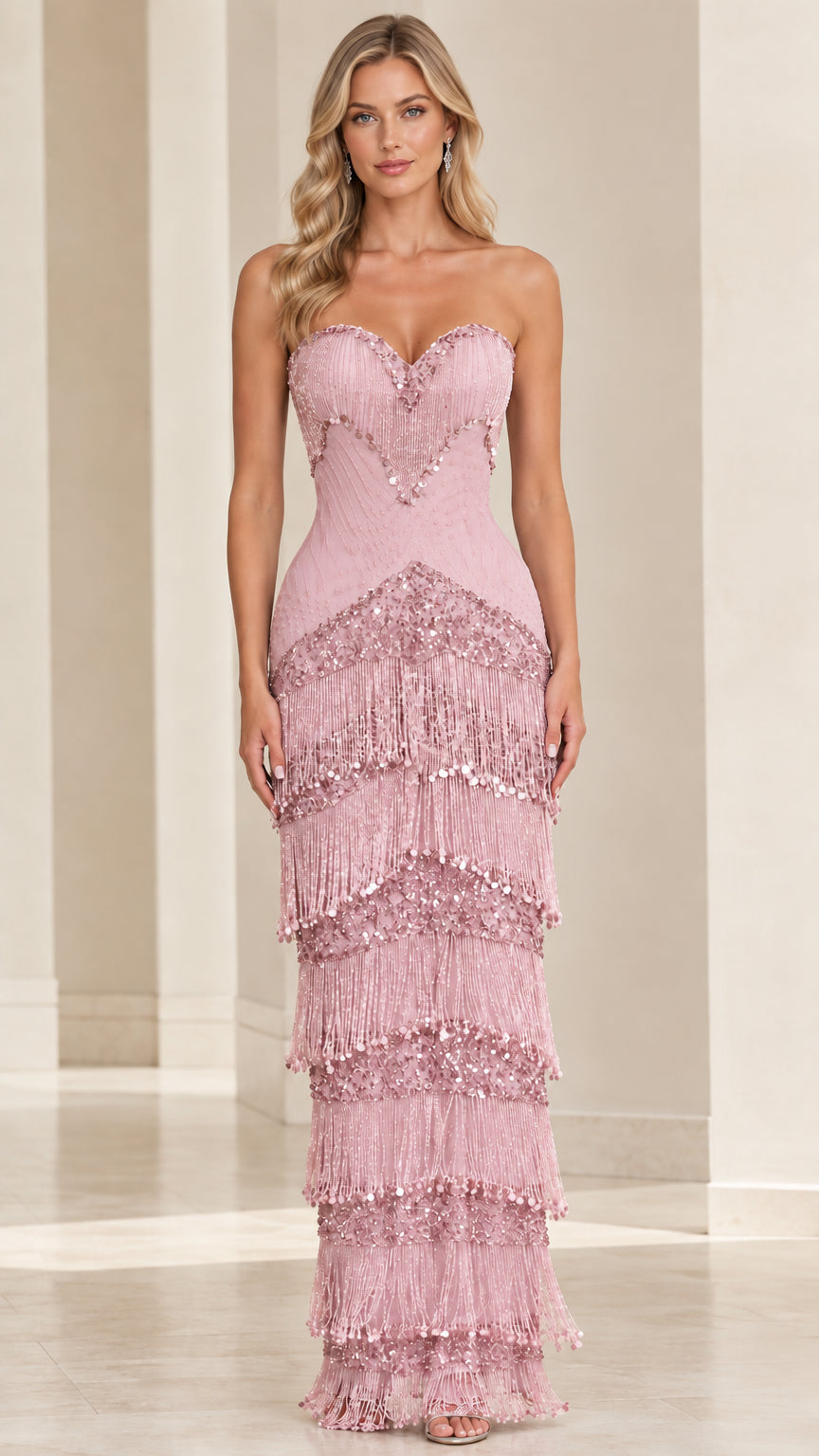 Front view of model wearing blush pink strapless beaded tiered fringe maxi dress