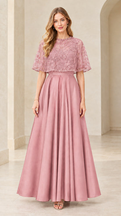 Dusty Pink embroidered lace capelet formal gown with satin skirt