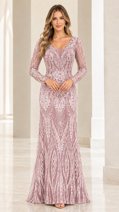 Front view of model in Dusty Pink sequined long sleeve mermaid evening dress