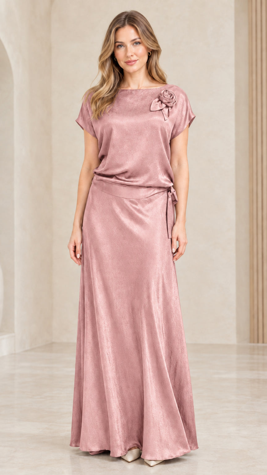 Full-length view of woman wearing Dusty Rose pink satin evening maxi dress