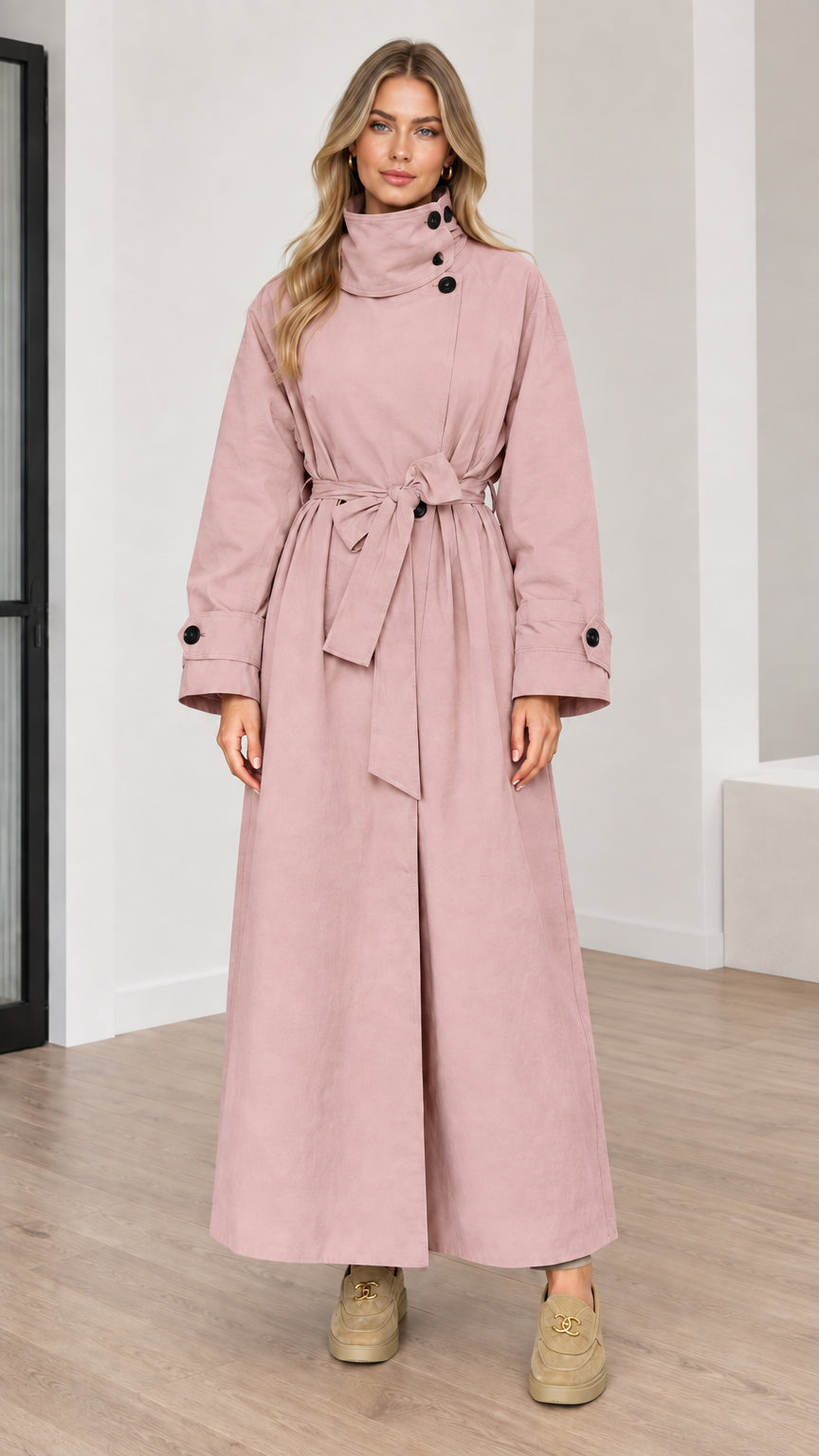 Full length view of women's dusty pink high neck maxi trench coat