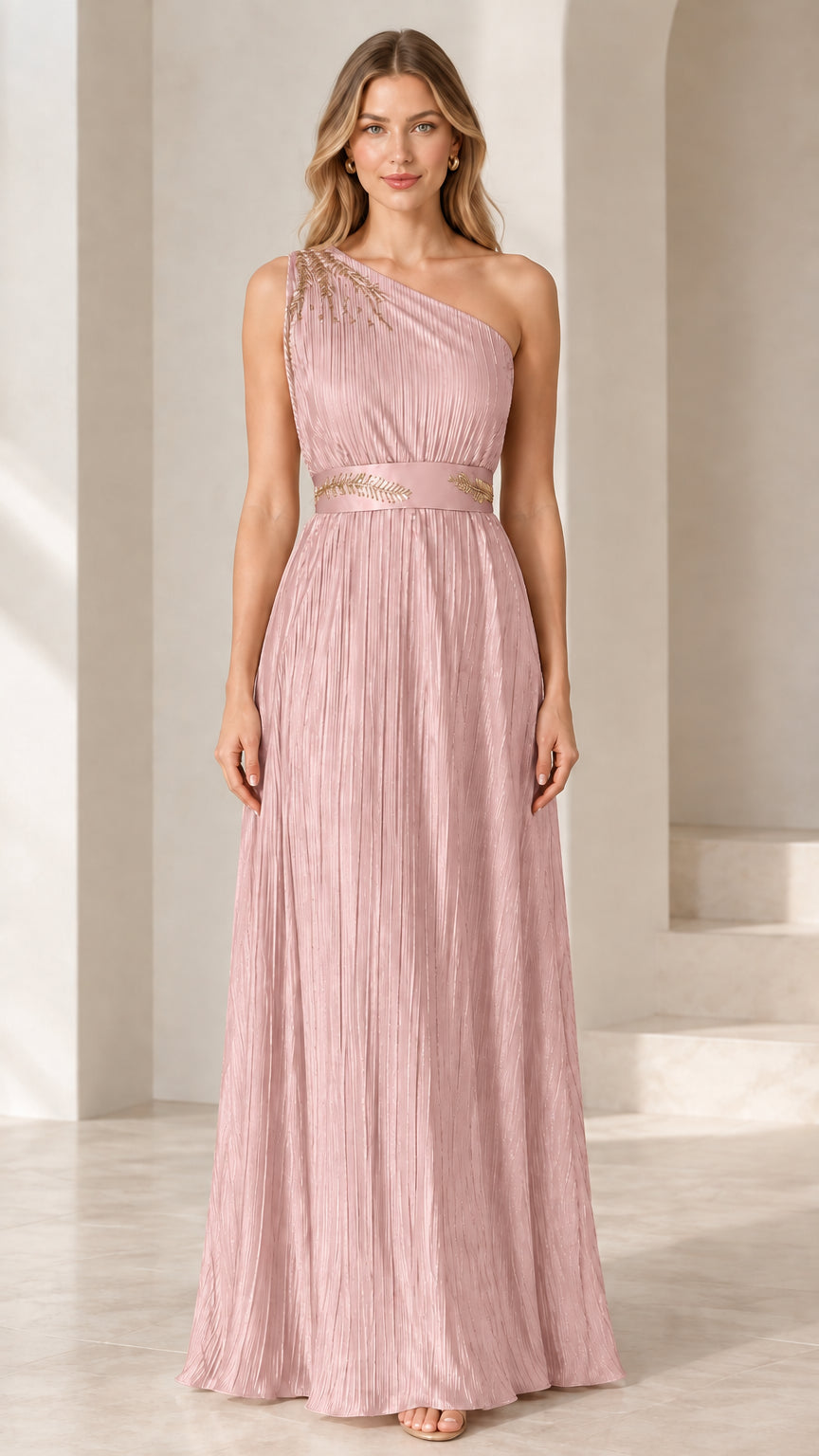 Front view of model wearing Blush Pink one-shoulder pleated evening gown