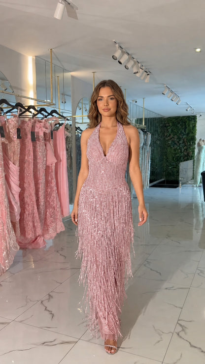 Front view of blush pink halter beaded fringe evening maxi dress