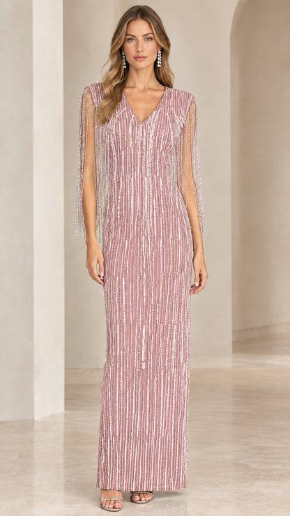 Front view of dusty pink sequin fringe formal maxi dress
