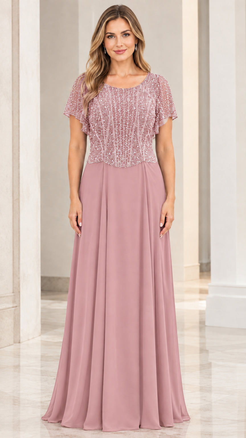 Front view of dusty rose pink beaded chiffon maxi formal dress