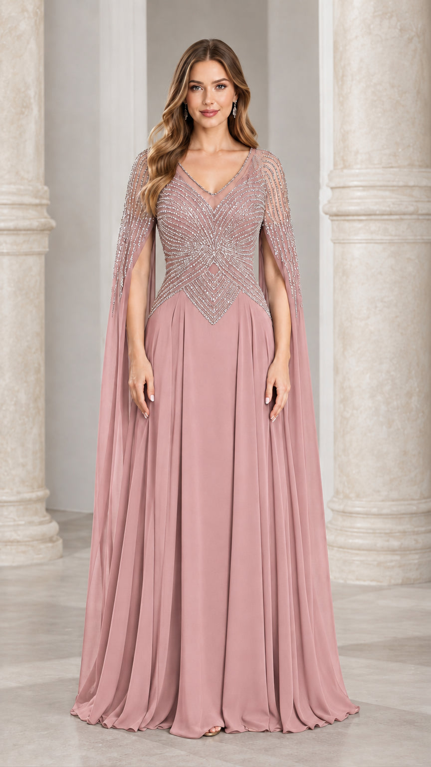 Front view of dusty rose pink beaded cape sleeve formal gown