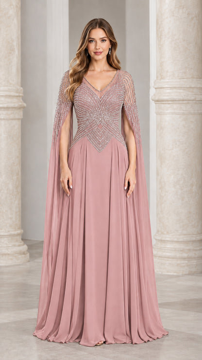Front view of dusty rose pink beaded cape sleeve formal gown