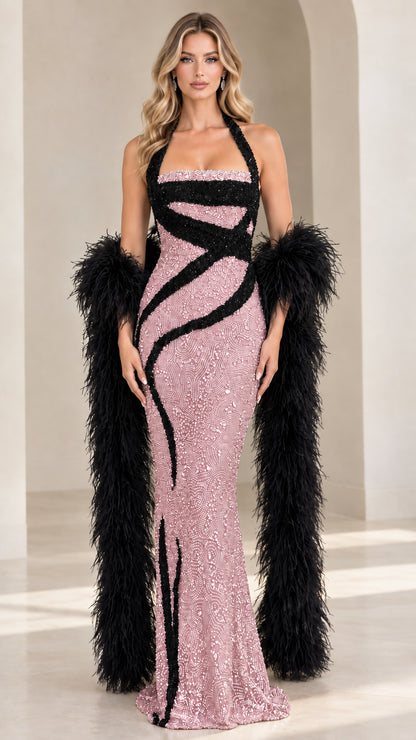 Model wearing dusty pink halter sequin evening dress with black contour bands