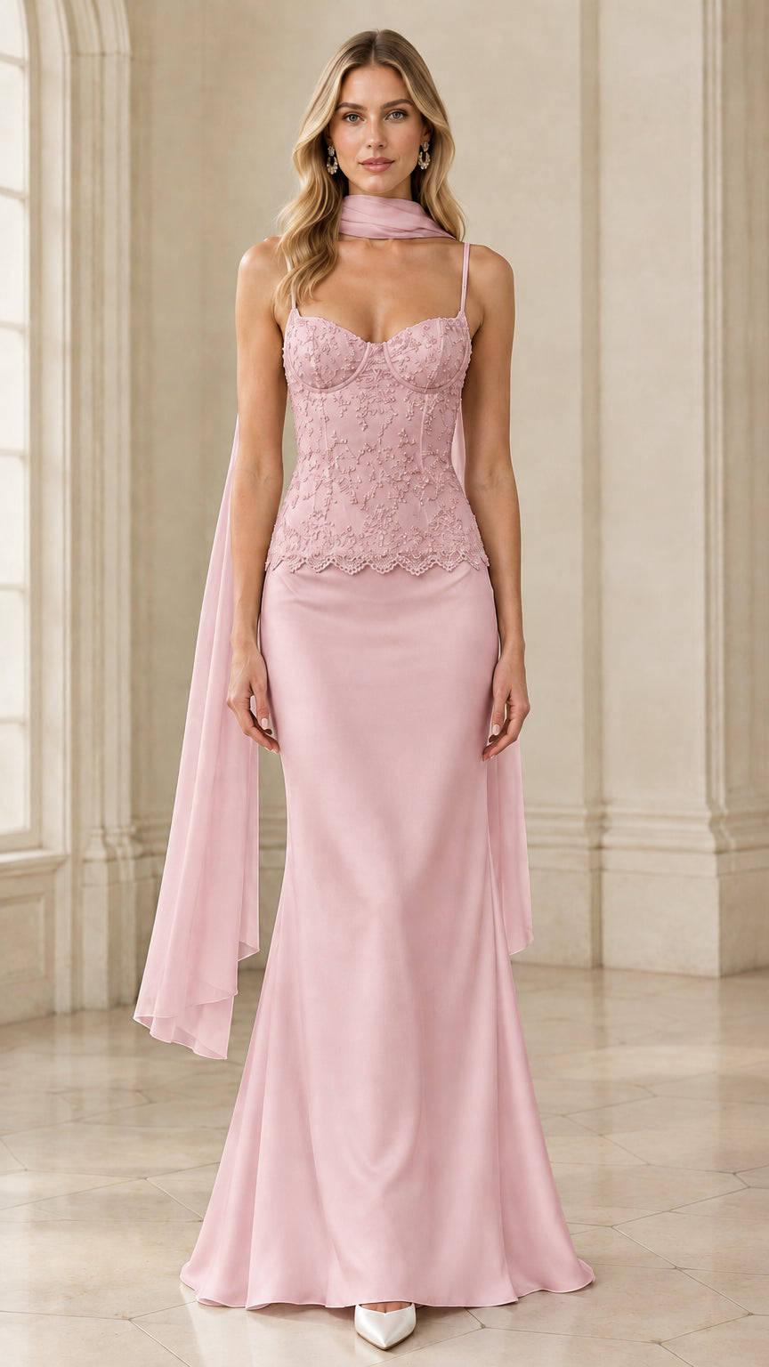Model wearing blush pink beaded corset evening gown with scarf
