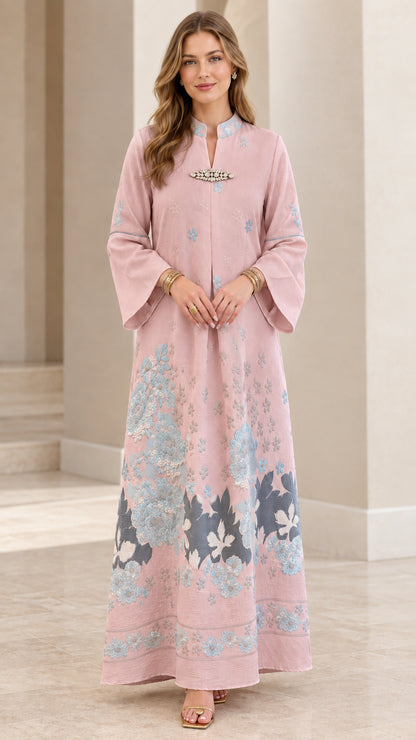 Dusty Pink modest embroidered kaftan maxi dress with flared bell sleeves