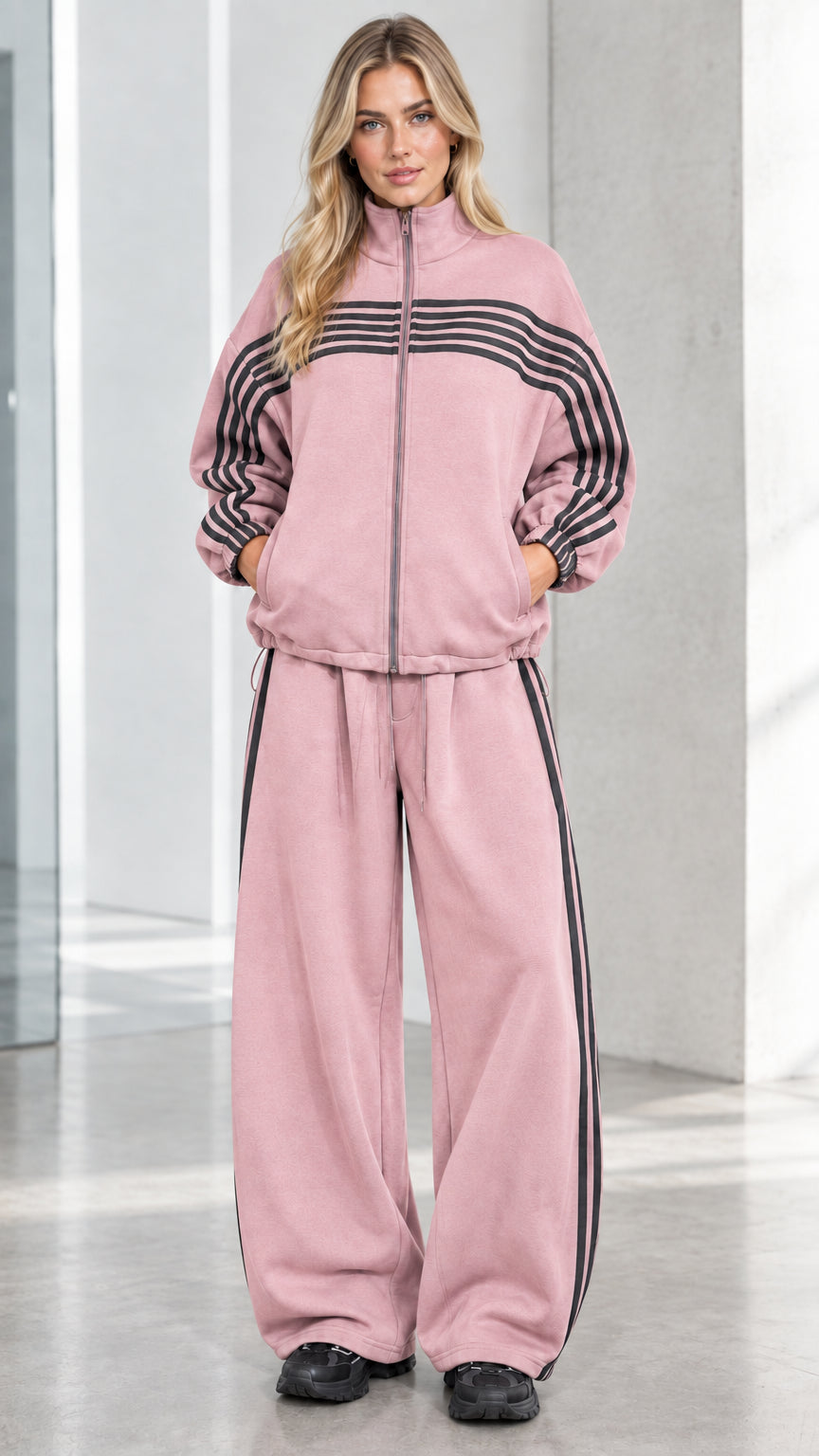 Front full view of woman wearing Dusty Pink striped zip-up track jacket and wide-leg sweatpants set